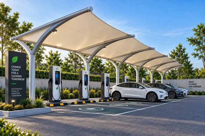 Cream tensile fabric canopy on curved white steel arches covering four DC charging bays, with downlights mounted along the arches and planting either side
