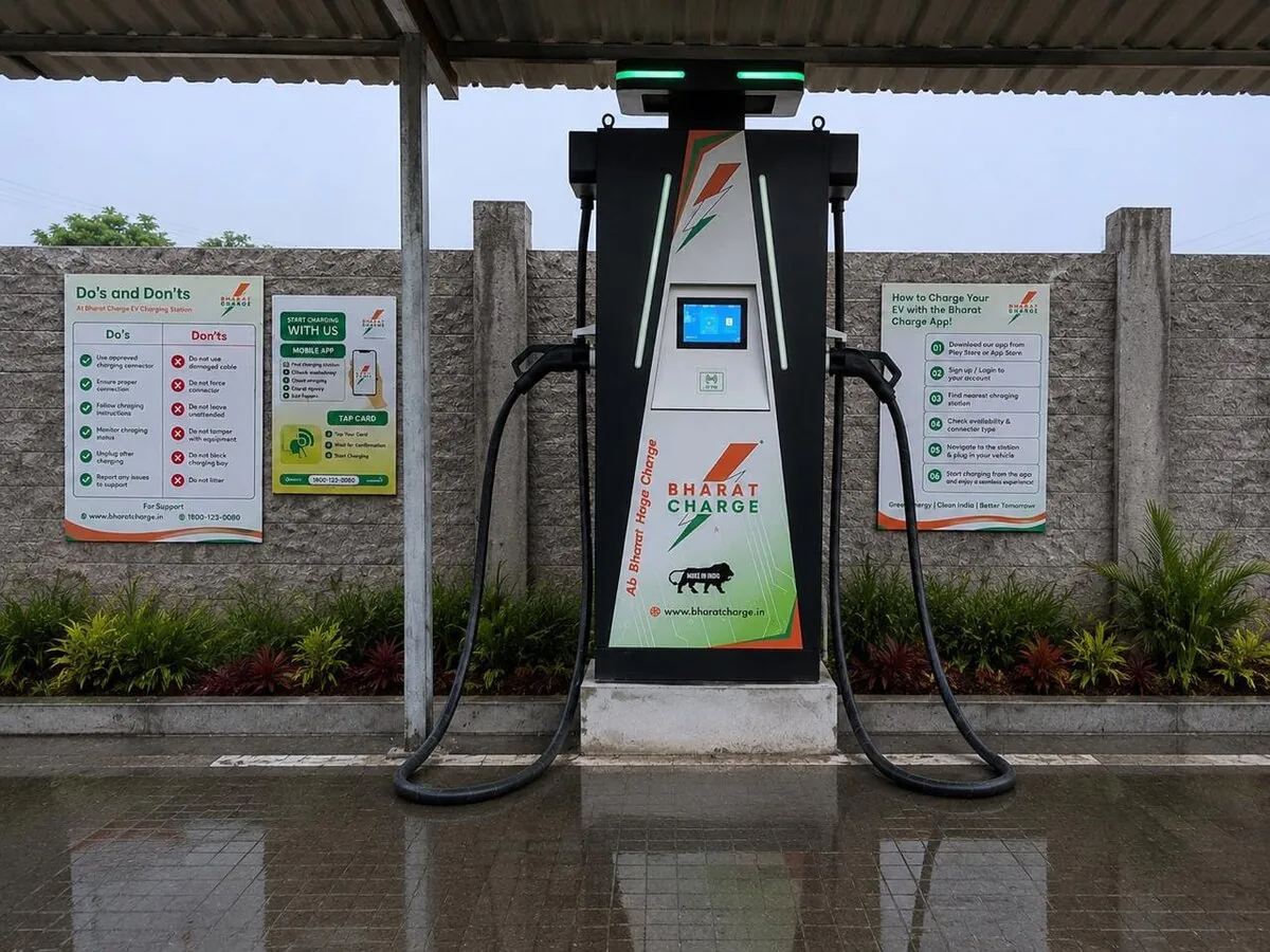 Bharat Charge dual-gun DC fast charger on a cast plinth with customer instruction boards mounted alongside